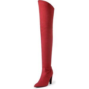 Women's Red/Suede Faux Leather Thigh High Over The Knee Long Pointed Toe Boots